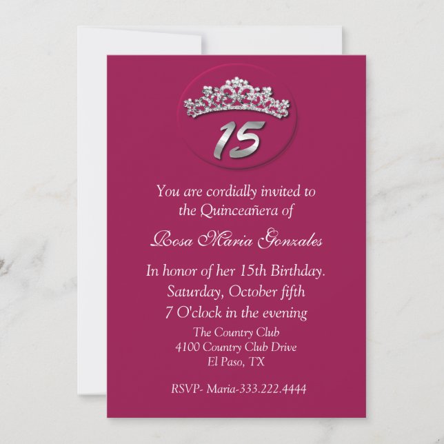 Invitación rosada de Quinceañera de la tiara (Anverso)