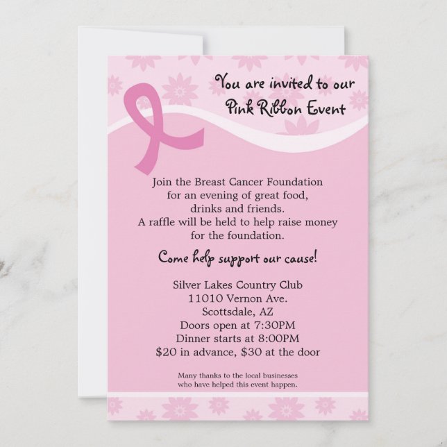Invitación rosada del acontecimiento del cáncer de (Anverso)