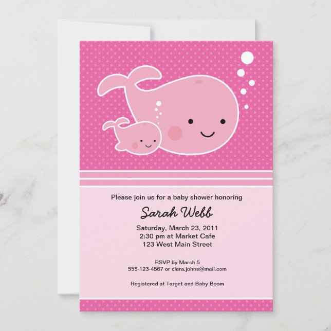 Invitación rosada del bebé ballena y mami (Anverso)
