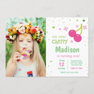 Invitación rosada del cumpleaños de la cereza con