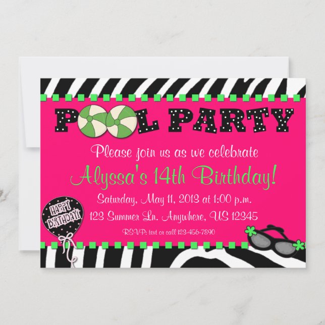 Invitación rosada del cumpleaños de la fiesta en (Anverso)