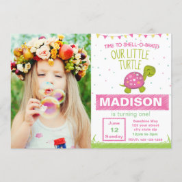 Invitación rosada del cumpleaños de la tortuga con