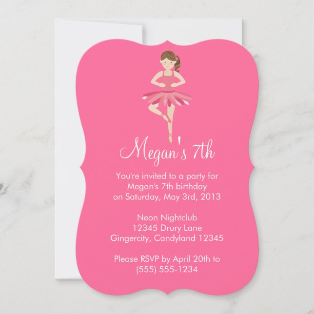Invitación rosada del cumpleaños del ballet (Anverso)