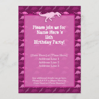 Invitación rosada del cumpleaños del dinosaurio