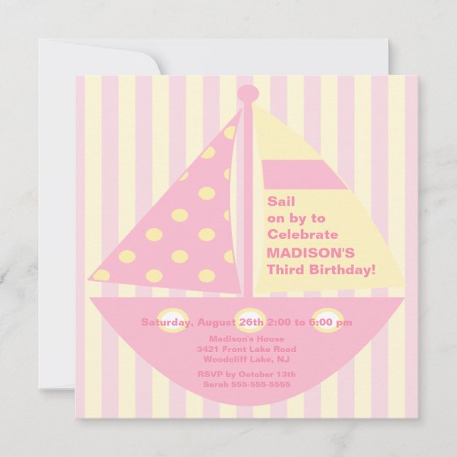 Invitación ROSADA del cumpleaños del velero (Anverso)