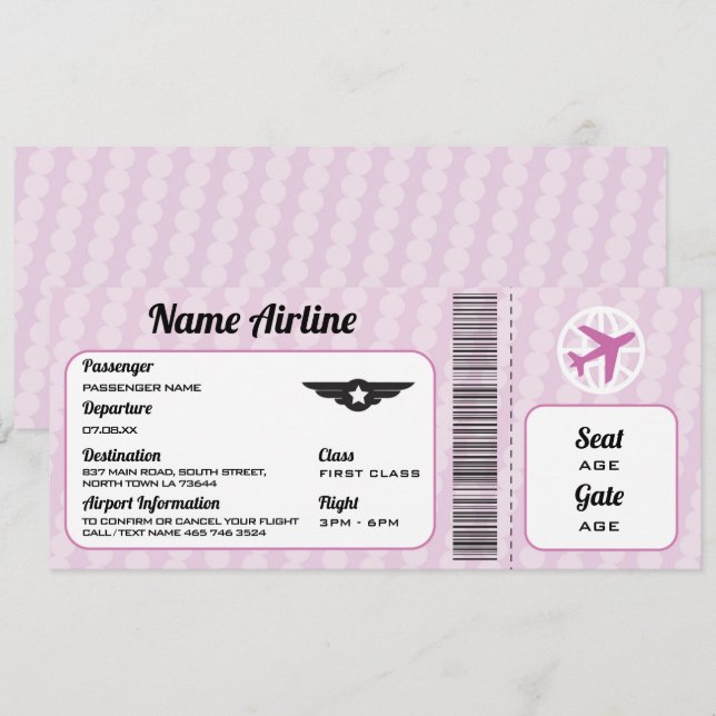 Invitación rosada del Fiesta de boletos para avión (Anverso / Reverso)
