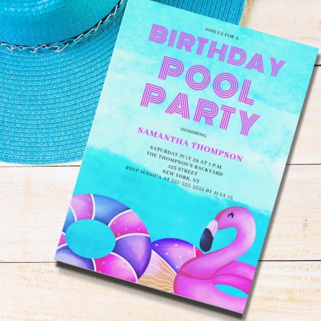 Invitación rosada del Fiesta de la piscina de cump (Subido por el creador)