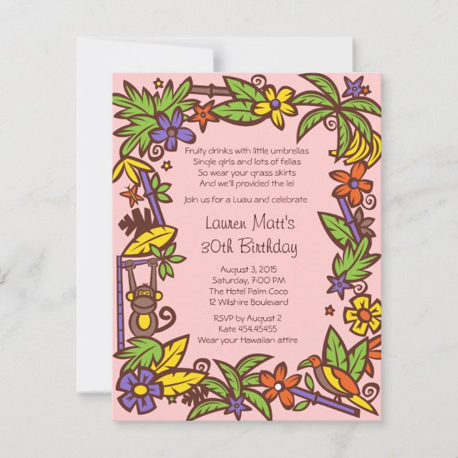Invitación rosada del fiesta de Luau (Anverso)