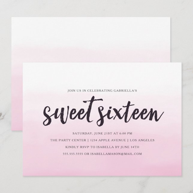 Invitación rosada del fiesta del dulce dieciséis (Anverso / Reverso)