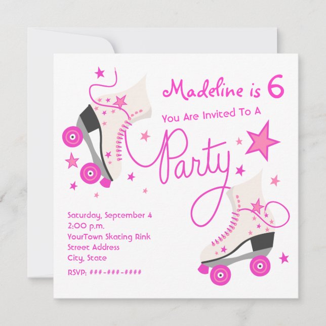 Invitación rosada del fiesta del patín de ruedas (Anverso)