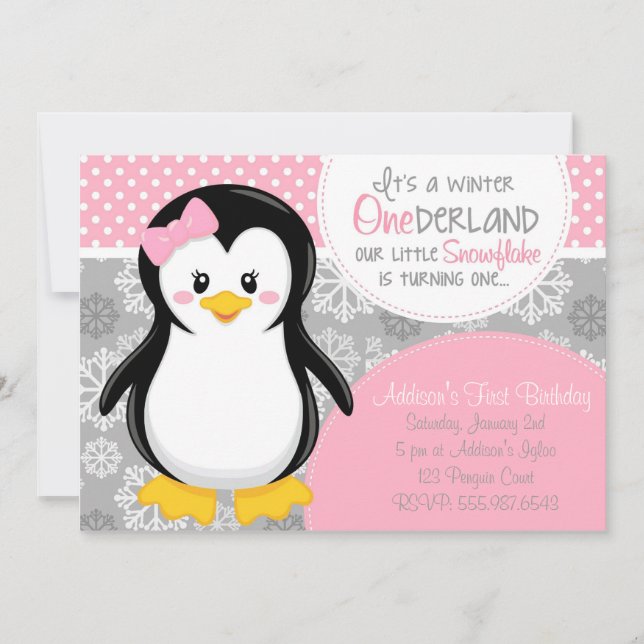 Invitación rosada del pingüino de ONEderland del (Anverso)