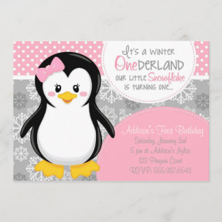 Invitación rosada del pingüino de ONEderland del