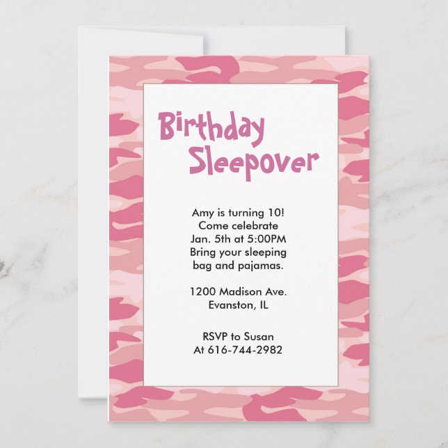 Invitación rosada del Sleepover del cumpleaños de (Anverso)