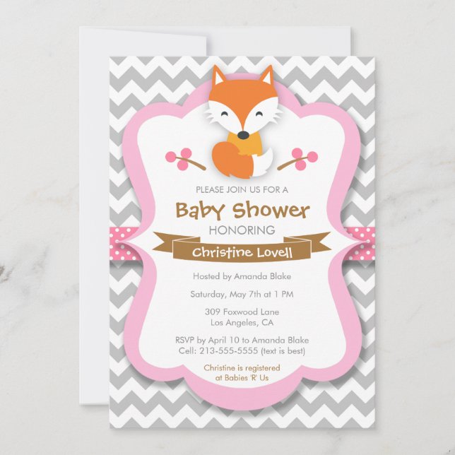 Invitación rosada dulce del Fox Baby Shower (Anverso)