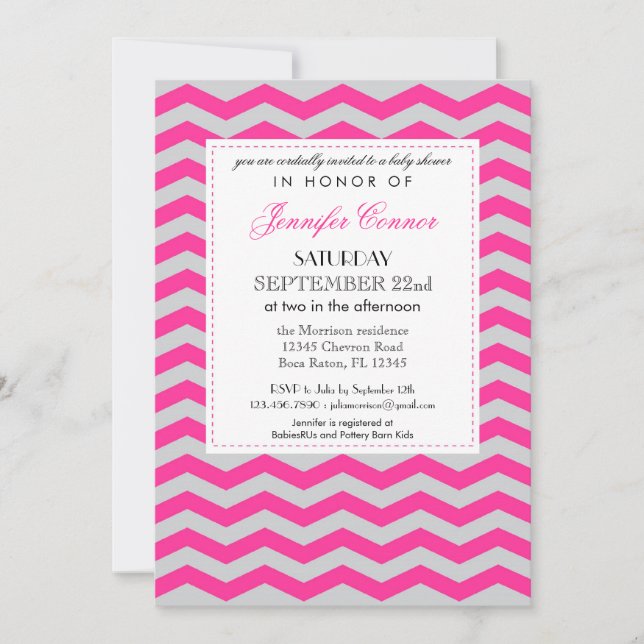 Invitación rosada elegante de Chevron Baby Shower (Anverso)