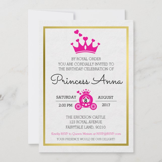 Invitación rosada elegante de princesa Birthday (Anverso)