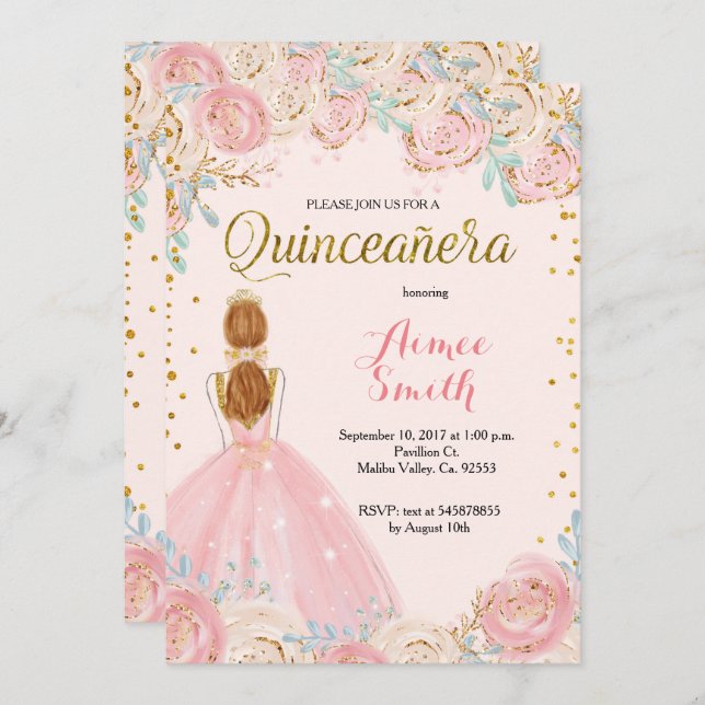 Invitación rosada elegante de Quinceanera del oro (Anverso / Reverso)