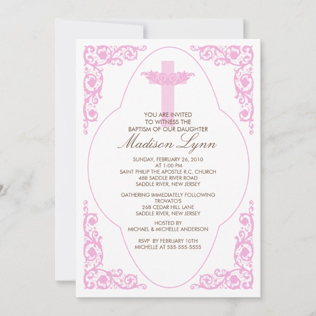 Invitación rosada elegante del bautismo (Anverso)