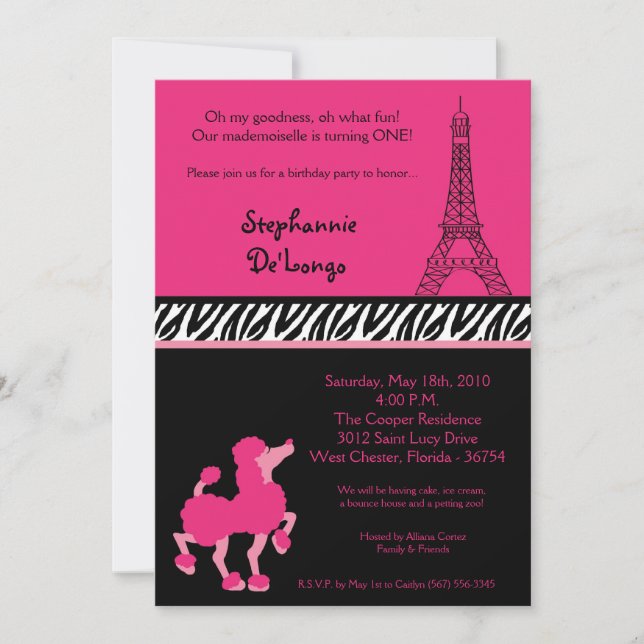 invitación rosada femenina del cumpleaños de París (Anverso)