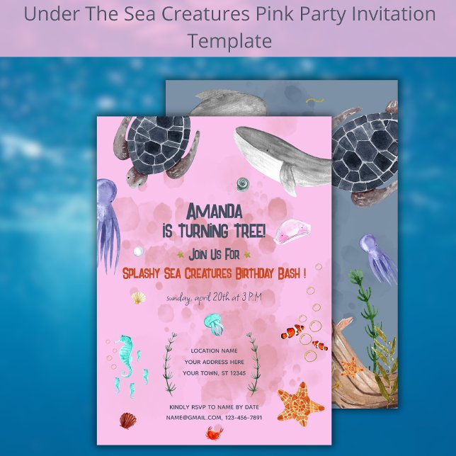 Invitación rosada Fiesta de niños de tortugas de a (Subido por el creador)