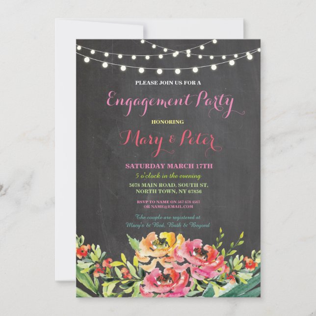 Invitación rosada floral de la pizarra del fiesta (Anverso)