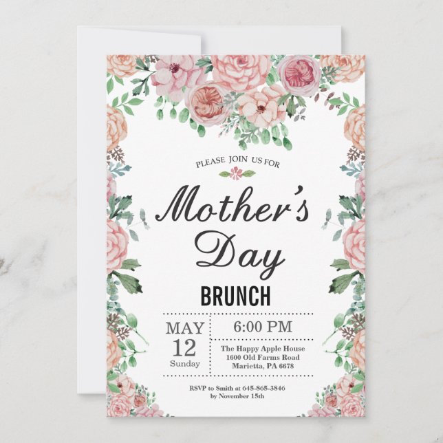 Invitación rosada floral del brunch del Día de la (Anverso)