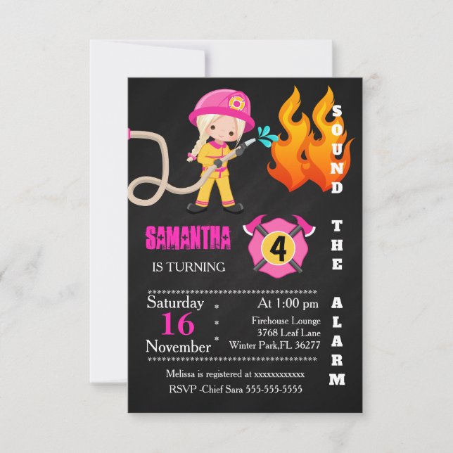 Invitación rosada linda del cumpleaños del bombero (Anverso)