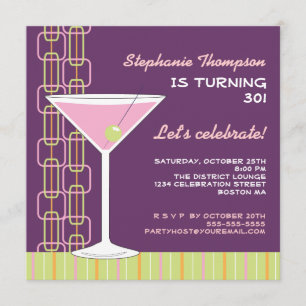 Invitación rosada retra de la fiesta de cumpleaños