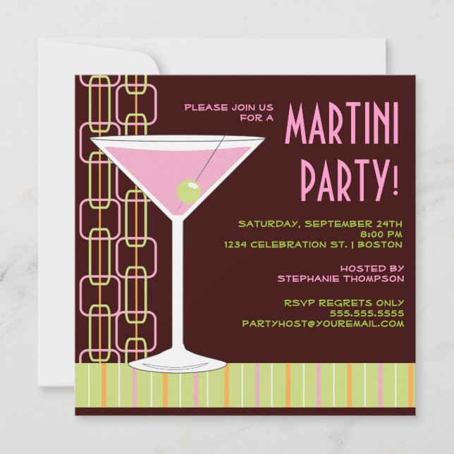 Invitación rosada retra del cóctel de Martini (Anverso)