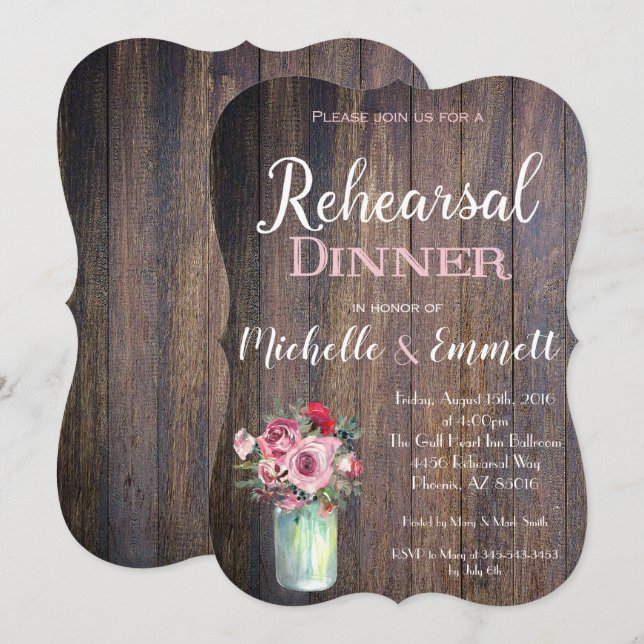 Invitación rosada roja rústica de la cena del (Anverso / Reverso)
