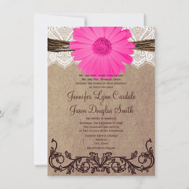 Invitación rosada rústica de la boda del cordón de (Anverso)