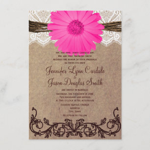 Invitación rosada rústica de la boda del cordón de