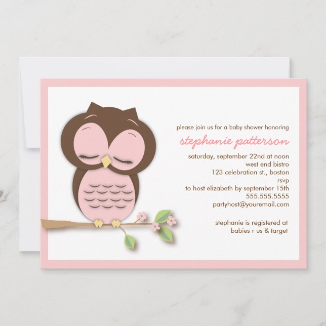 Invitación rosada soñolienta dulce de Baby Shower (Anverso)