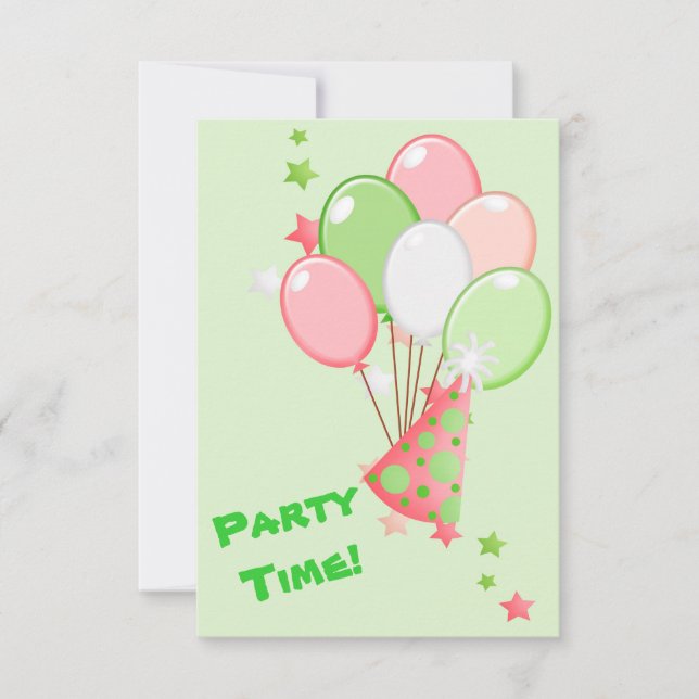 Invitación rosada verde del fiesta de los globos (Anverso)
