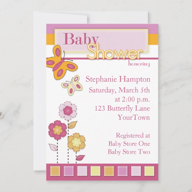 Invitación rosada y anaranjada de Baby Shower de (Anverso)