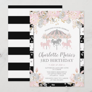 Invitación rosada y de plata del carrusel del