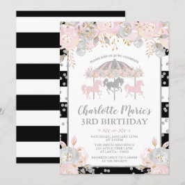 Invitación rosada y de plata del carrusel del