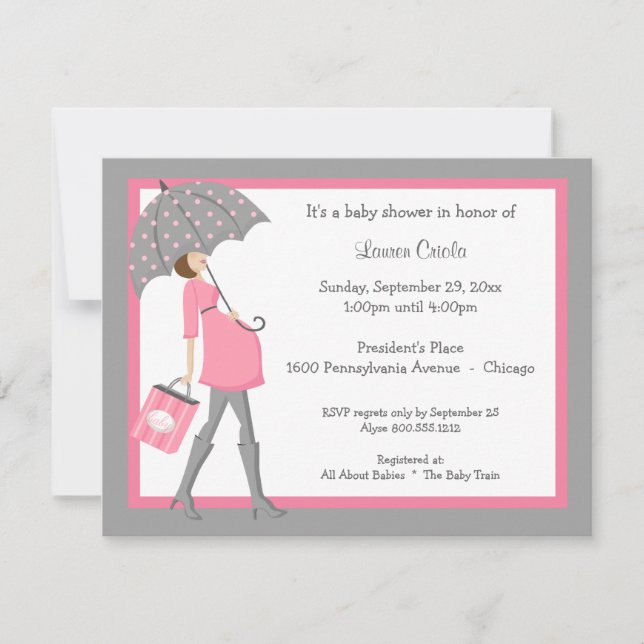 Invitación rosada y gris de Baby Shower del (Anverso)