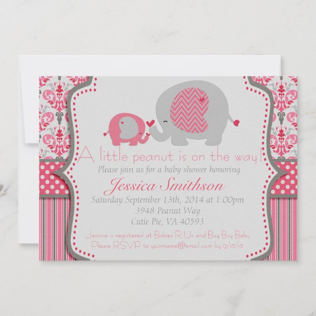 Invitación rosada y gris de Baby Shower del (Anverso)