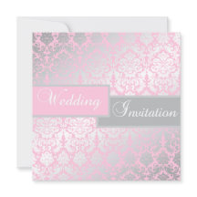 Invitación rosada y gris de la boda del damasco