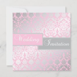 Invitación rosada y gris de la boda del damasco