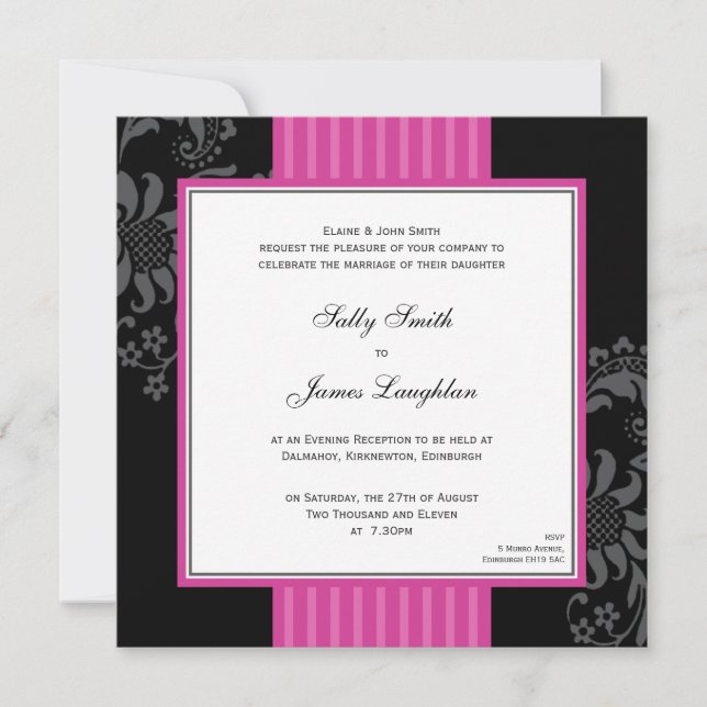 Invitación rosada y negra Cerise de la boda de la (Anverso)