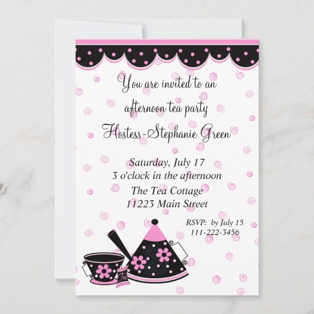 Invitación rosada y negra de la fiesta del té (Anverso)