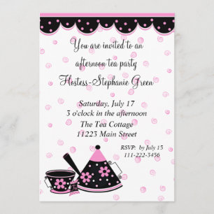 Invitación rosada y negra de la fiesta del té