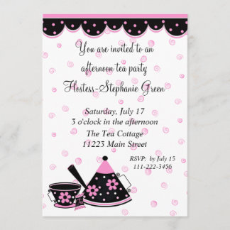 Invitación rosada y negra de la fiesta del té