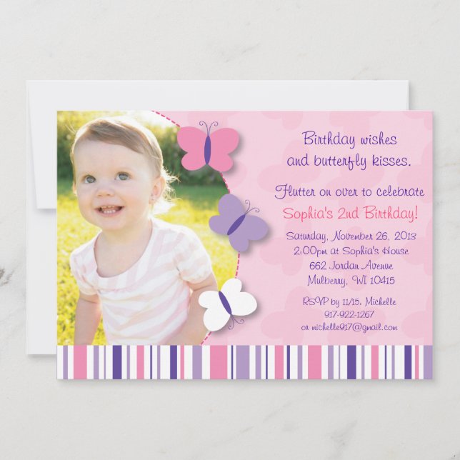 Invitación rosada y púrpura del cumpleaños de la (Anverso)