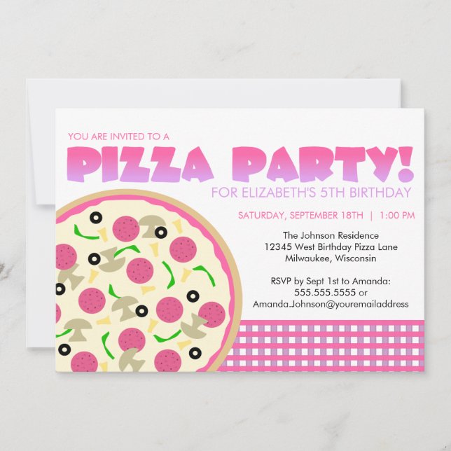 Invitación rosada y púrpura del fiesta de la pizza (Anverso)