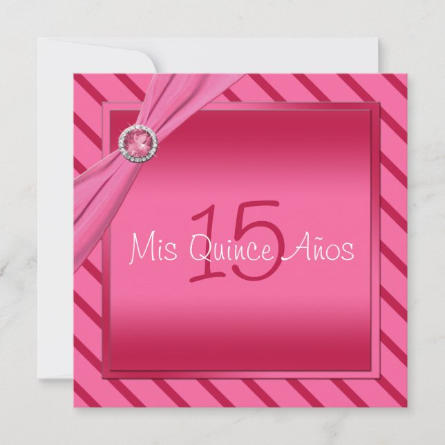 Invitación rosada y roja de Quinceañera de la raya (Anverso)