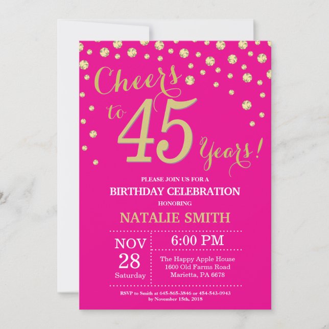 Invitación Rosado caliente y Oro 45 Diamante de cumpleaños (Anverso)