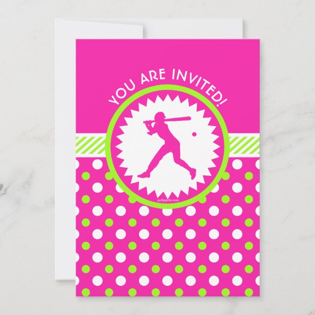 Invitación Rosado de Softball personalizado - Puntos de Polka (Anverso)